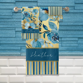 青エレガント色と金ゴールド水色フローラストライプの バスタオルセット