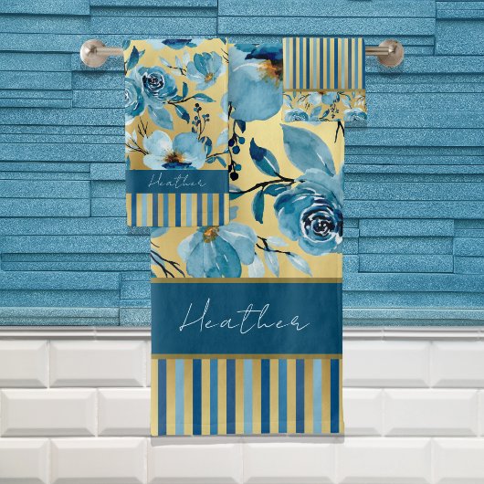 青エレガント色と金ゴールド水色フローラストライプの バスタオルセット