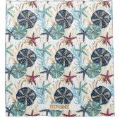 青エレガント色と金ゴールド海宝物模様 シャワーカーテン (正面)