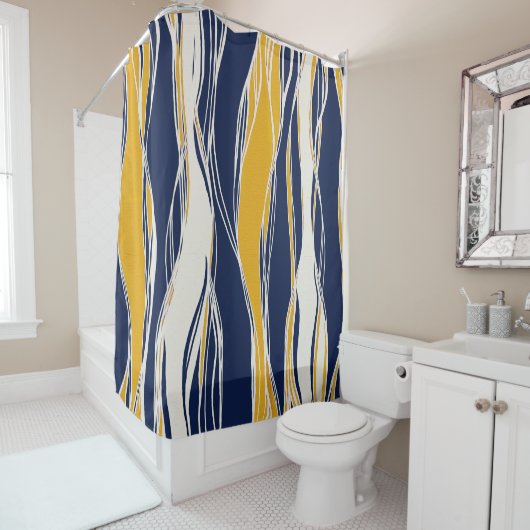 青エレガント色と黄モダン色の線 シャワーカーテン (インサイチュ)