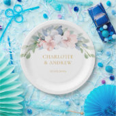 青エレガント色のピンクの結婚花 ペーパープレート (パーティー)