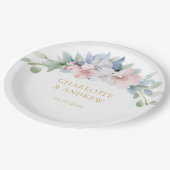 青エレガント色のピンクの結婚花 ペーパープレート (アングル)