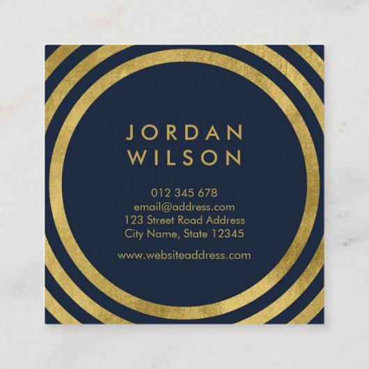 青エレガント色のフェイク金ゴールド丸み線ジオメトリ スクエア名刺 (裏面)