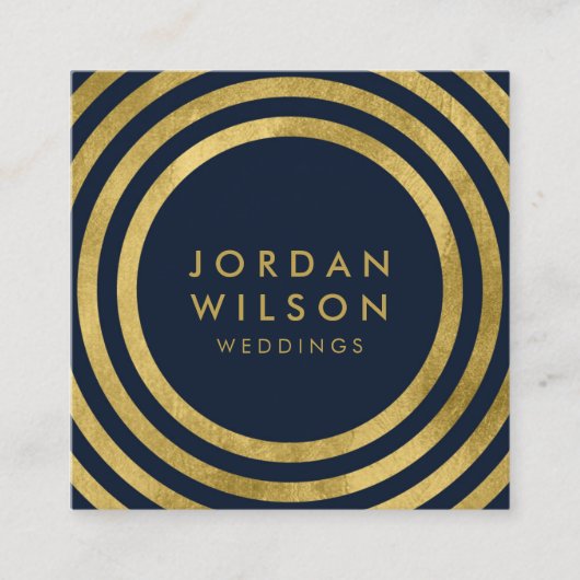 青エレガント色のフェイク金ゴールド丸み線ジオメトリ スクエア名刺 (正面)