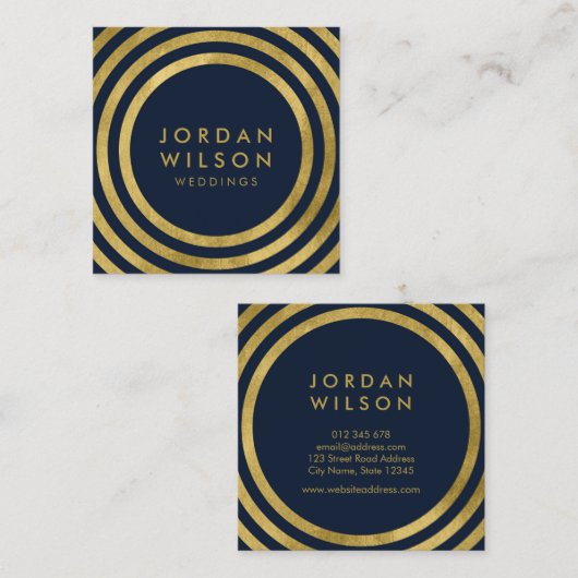 青エレガント色のフェイク金ゴールド丸み線ジオメトリ スクエア名刺 (正面/裏面)