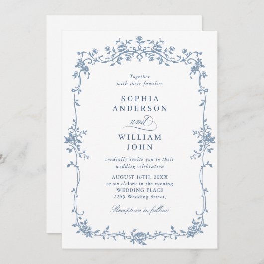 青エレガント色のフランスのバラ庭園の結婚式QRコード 招待状 (正面/裏面)