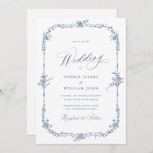 青エレガント色のフランスのバラ庭園の結婚式QRコード 招待状 (正面/裏面)