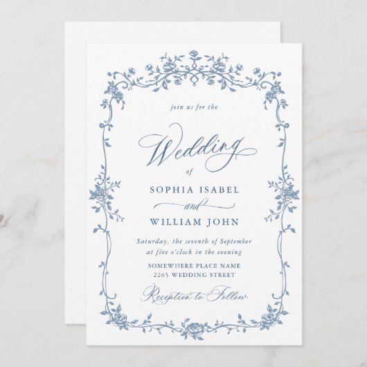 青エレガント色のフランスのバラ庭園の結婚式QRコード 招待状 (正面/裏面)