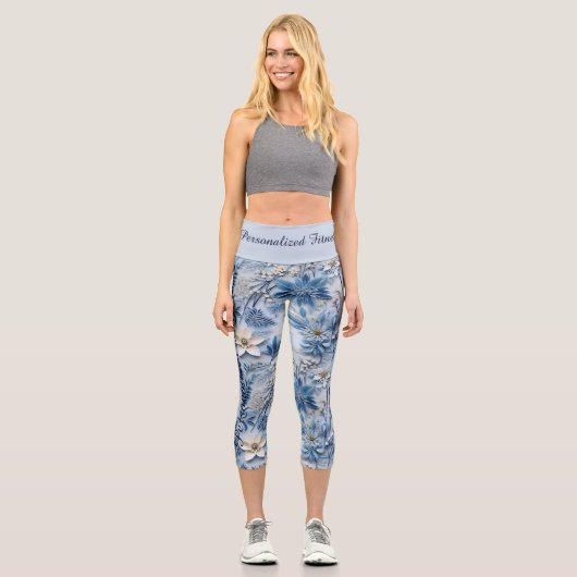 青エレガント色のフローラの夏のパターン。 カプリレギンス (正面)