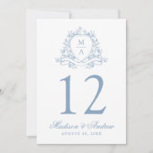 青エレガント色のフローラク結婚レストのテーブル番号 招待状 (正面)