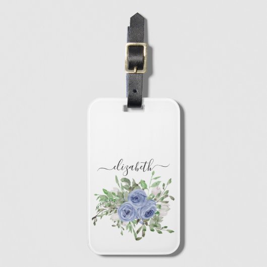 青エレガント色のフローラ水のガーリー色スクリプト名 ラゲッジタグ (正面縦)