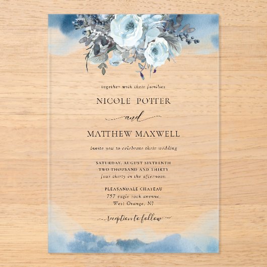 青エレガント色の汚れとフローラ結婚の アクリル招待状 (正面)