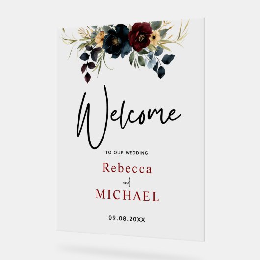 青エレガント色の海軍ブルゴーニュの花が結婚歓迎 アクリルサイン (傾斜)