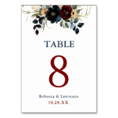 青エレガント色の海軍ブルゴーニュフローラ結婚 テーブルナンバー (正面)