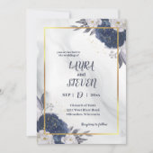 青エレガント色の牡丹が一つ一つ結婚に 招待状 (正面)