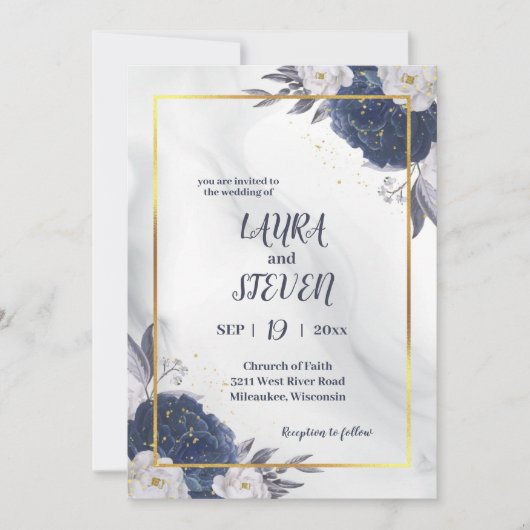 青エレガント色の牡丹が一つ一つ結婚に 招待状 (正面)