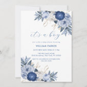 青エレガント色の白いフローラの赤ちゃんシャワー 招待状 (正面)