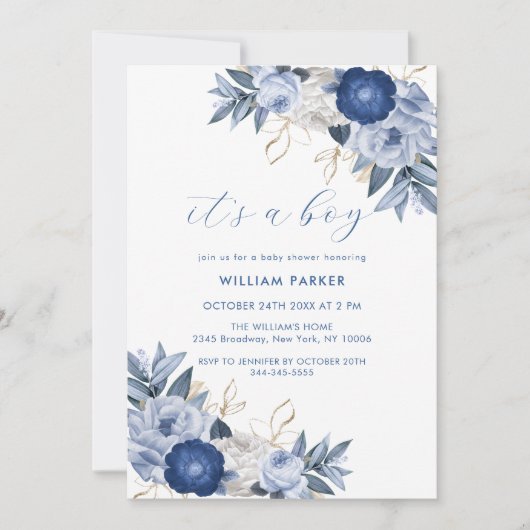 青エレガント色の白いフローラの赤ちゃんシャワー 招待状 (正面)