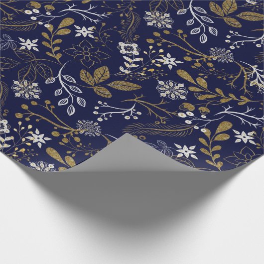 青エレガント色の白い黄色い植物の模様 ラッピングペーパー (角)