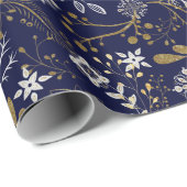 青エレガント色の白い黄色い植物の模様 ラッピングペーパー (ロールコーナー)