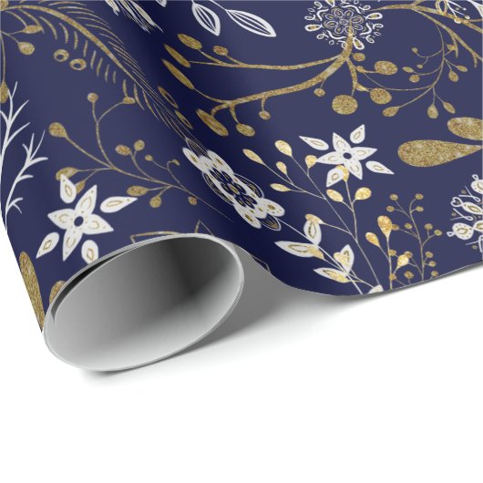 青エレガント色の白い黄色い植物の模様 ラッピングペーパー (ロールコーナー)