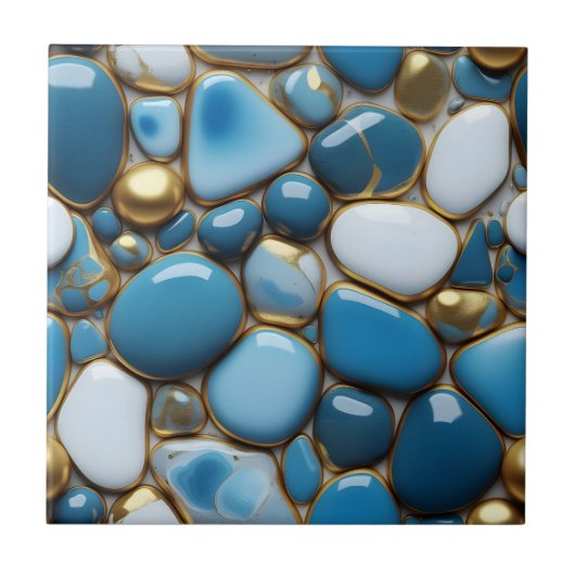 青エレガント色の白と金ゴールドアクセントの小石 タイル (正面)