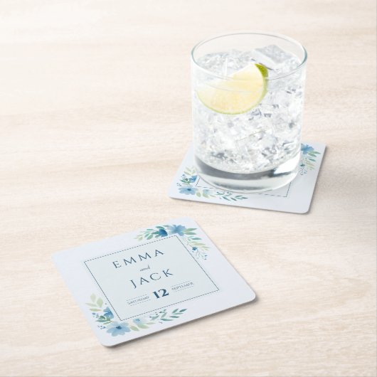 青エレガント色の緑の名と日結婚付 スクエアペーパーコースター (インサイチュ)