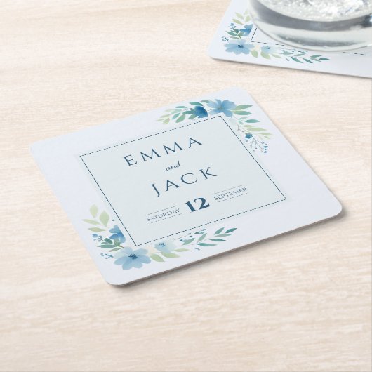青エレガント色の緑の名と日結婚付 スクエアペーパーコースター (アングル)
