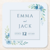 青エレガント色の緑の名と日結婚付 スクエアペーパーコースター (正面)