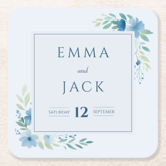 青エレガント色の緑の名と日結婚付 スクエアペーパーコースター (正面)