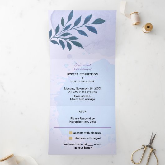 青エレガント色の美パーソナライズされた結婚学 三つ折り招待状 (内部)