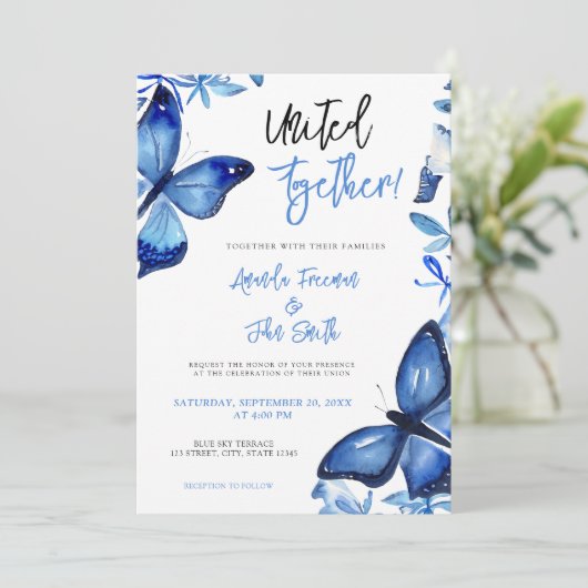 青エレガント色の蝶結婚の 招待状 (スタンド正面)