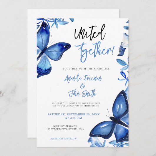 青エレガント色の蝶結婚の 招待状 (正面/裏面)
