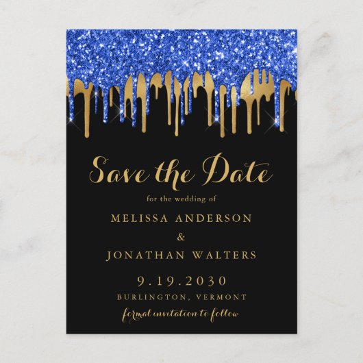 青エレガント色の金ゴールドグリッターのDrips日付を保存 ポストカード (正面)
