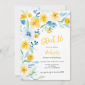 青エレガント色の黄色のフローラ水の色の甘い16 招待状 (正面)