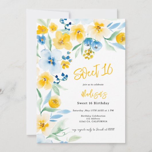 青エレガント色の黄色のフローラ水の色の甘い16 招待状 (正面)