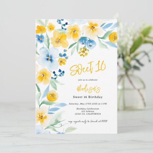 青エレガント色の黄色のフローラ水の色の甘い16 招待状 (スタンド正面)