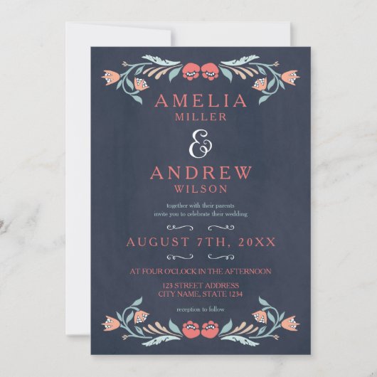 青エレガント色の黒板フローラ結婚の 招待状 (正面)