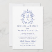 青エレガント色チノイビクトリアンセリ結婚フローラ 招待状 (正面)