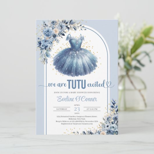 青エレガント色ツチュドレスネイビーフローラベビーシャワー 招待状 (スタンド正面)