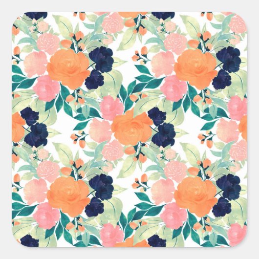 青エレガント色ピンクのオレンジ色の花水色フローラ スクエアシール (正面)