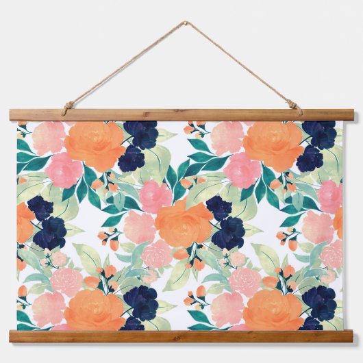 青エレガント色ピンクのオレンジ色の花水色フローラ 吊り下げ型タペストリー (正面)