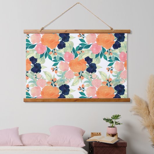 青エレガント色ピンクのオレンジ色の花水色フローラ 吊り下げ型タペストリー (寝室)