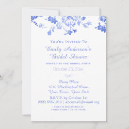 青エレガント色フローラブライダルシャワーホスト 招待状