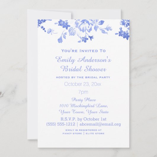 青エレガント色フローラブライダルシャワーホスト 招待状 (正面)