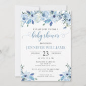 青エレガント色フローラ男の赤ちゃんシャワー 招待状 (正面)