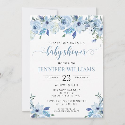 青エレガント色フローラ男の赤ちゃんシャワー 招待状 (正面)