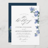 青エレガント色水色開花結婚 招待状 (正面/裏面)