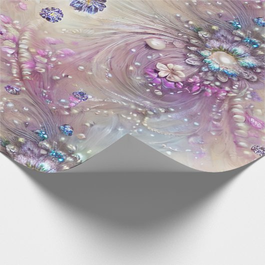 青エレガント色,灰色,羽,ビーズ,真珠,光 ラッピングペーパー (角)