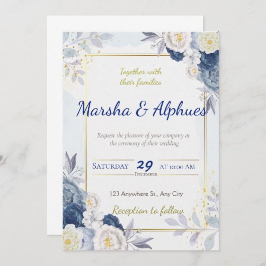 青エレガント色、白、金ゴールドのフローラ結婚の招待 招待状 (正面/裏面)